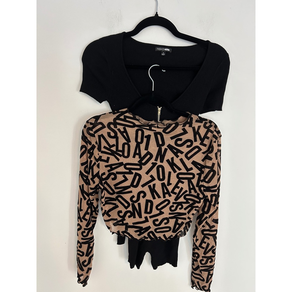 Fashion Nova Black Ribbed Zip Romper and Tan Mesh Graphic Crop Top Set Small